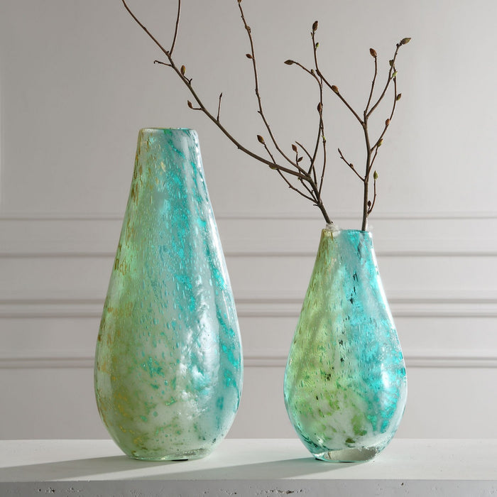 Uttermost 18157 Vases, S/2, Exquisite Teal, Amber, And Gold