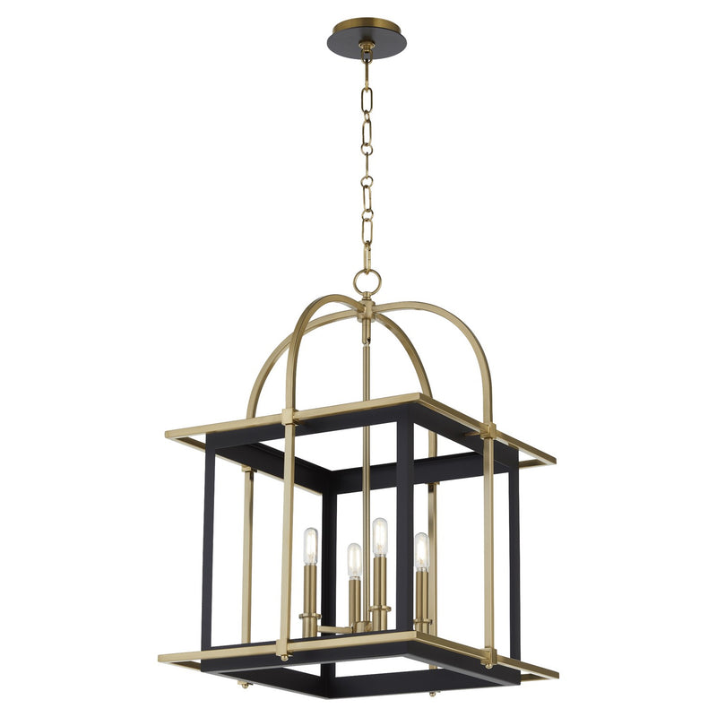 Quorum 8216-4-5980 Four Light Pendant, Matte Black w/Aged Brass