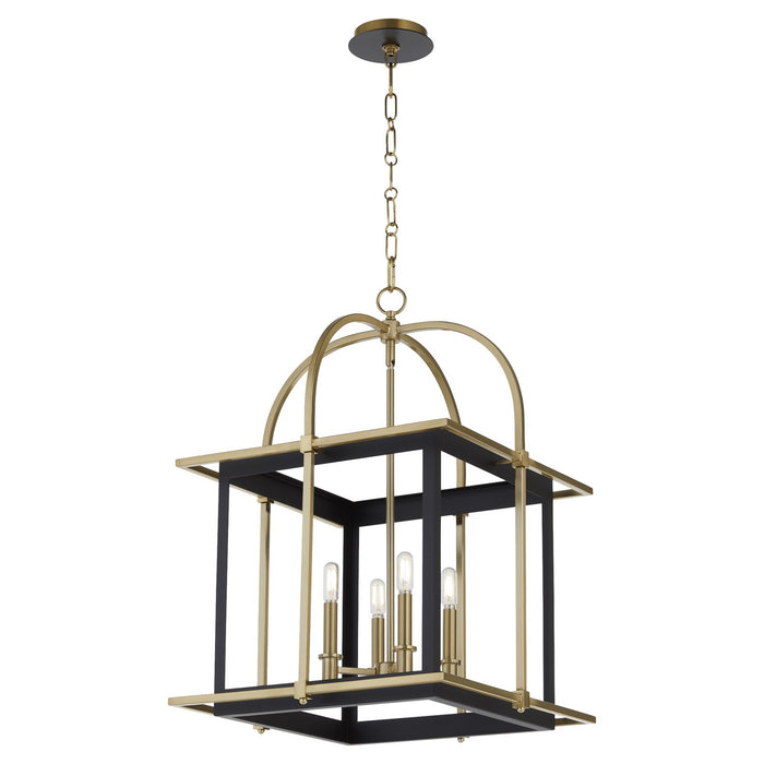 Quorum 8216-4-5980 Four Light Pendant, Matte Black w/Aged Brass