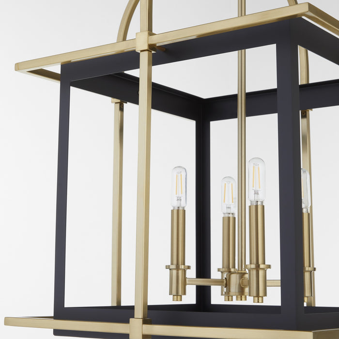 Quorum 8216-4-5980 Four Light Pendant, Matte Black w/Aged Brass
