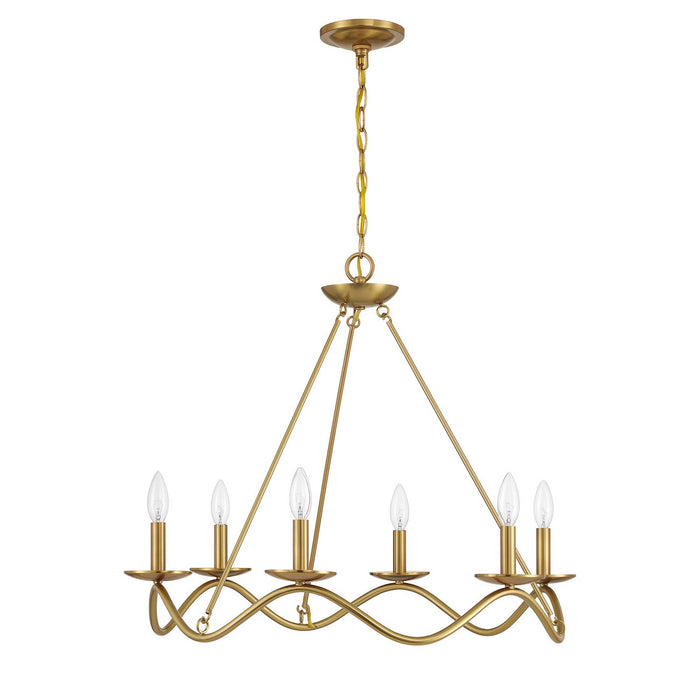 Meridian M100137NB Six Light Chandelier, Natural Brass