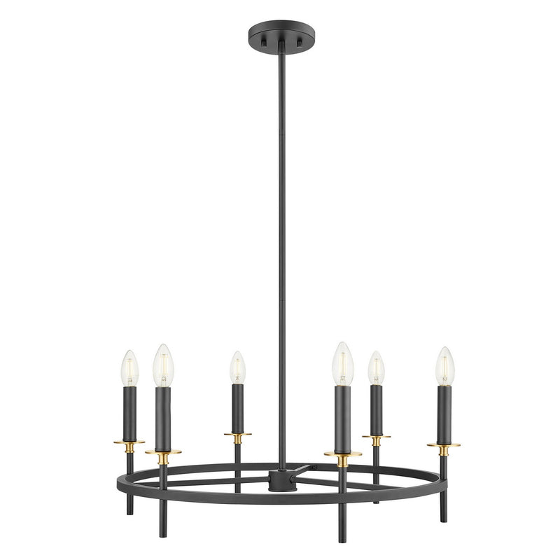 Meridian M100140MBKNB Six Light Chandelier, Matte Black and Natural Brass