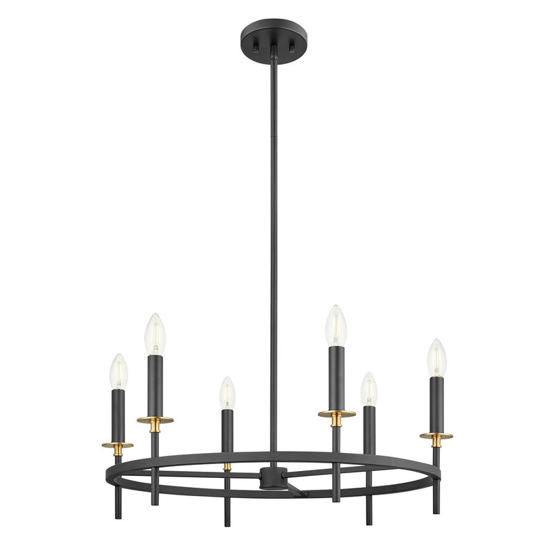 Meridian M100140MBKNB Six Light Chandelier, Matte Black and Natural Brass
