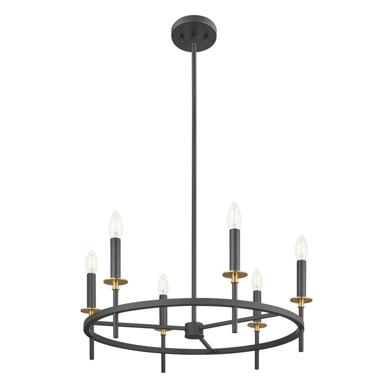 Meridian M100140MBKNB Six Light Chandelier, Matte Black and Natural Brass