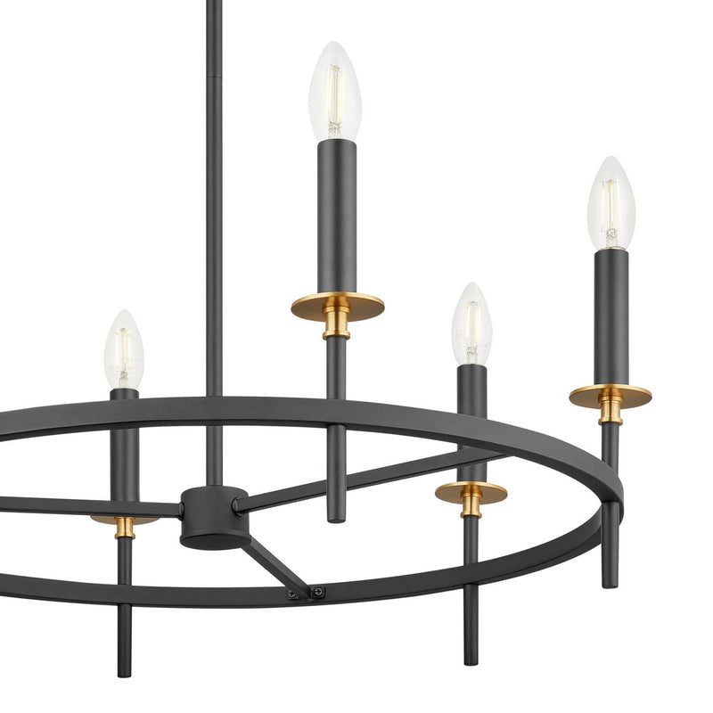 Meridian M100140MBKNB Six Light Chandelier, Matte Black and Natural Brass