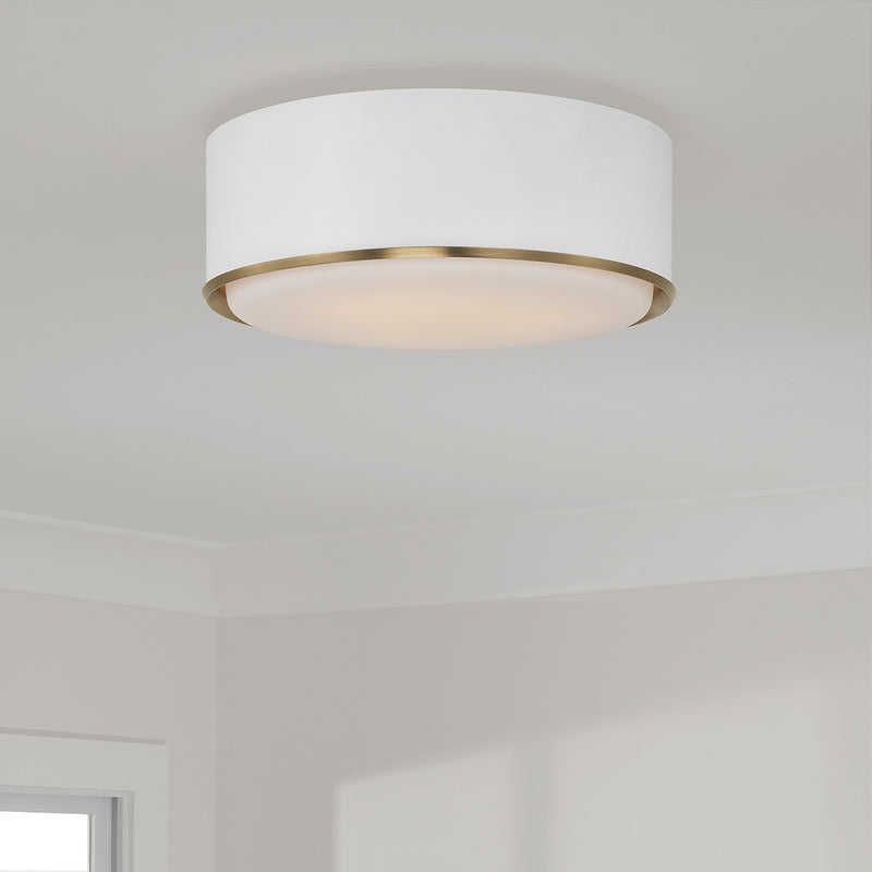 Capital Lighting 254831RE Three Light Flush Mount, Matte Brass and White