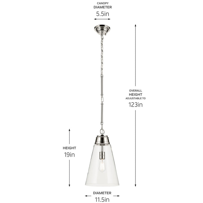 Kichler 52661PNCLR One Light Pendant, Polished Nickel