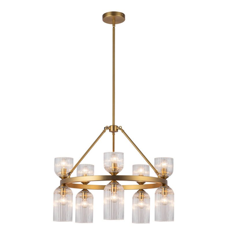 Alora CH442626BGCR Ten Light Chandelier, Brushed Gold/Clear Ribbed Glass