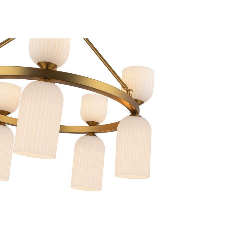 Alora CH442626BGGR Ten Light Chandelier, Brushed Gold/Glossy Ribbed Opal Glass