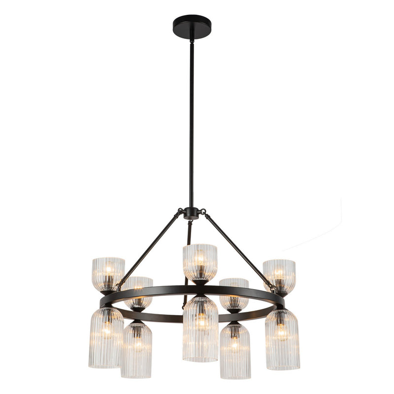 Alora CH442626MBCR Ten Light Chandelier, Matte Black/Clear Ribbed Glass