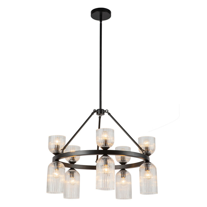 Alora CH442626MBCR Ten Light Chandelier, Matte Black/Clear Ribbed Glass