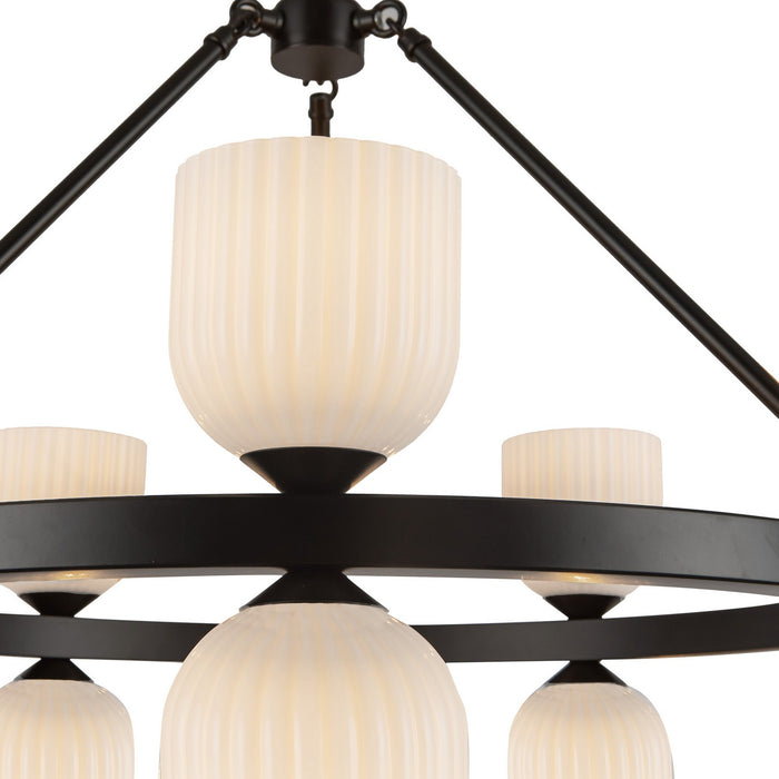 Alora CH442626MBGR Ten Light Chandelier, Matte Black/Glossy Ribbed Opal Glass