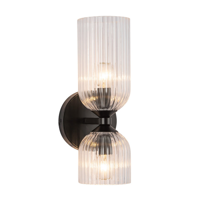 Alora WV442612MBCR Two Light Vanity, Matte Black/Clear Ribbed Glass
