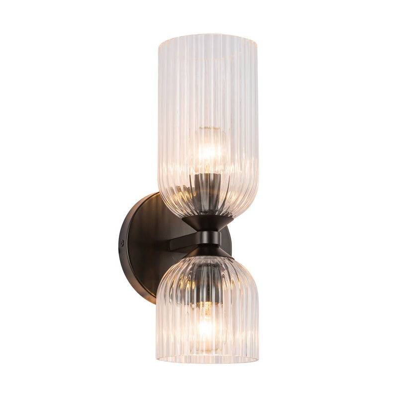 Alora WV442612MBCR Two Light Vanity, Matte Black/Clear Ribbed Glass