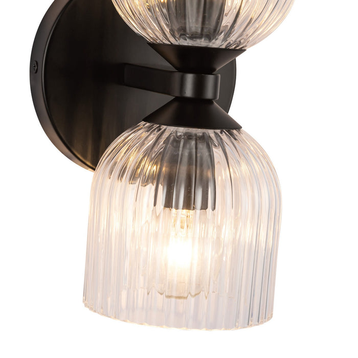 Alora WV442612MBCR Two Light Vanity, Matte Black/Clear Ribbed Glass